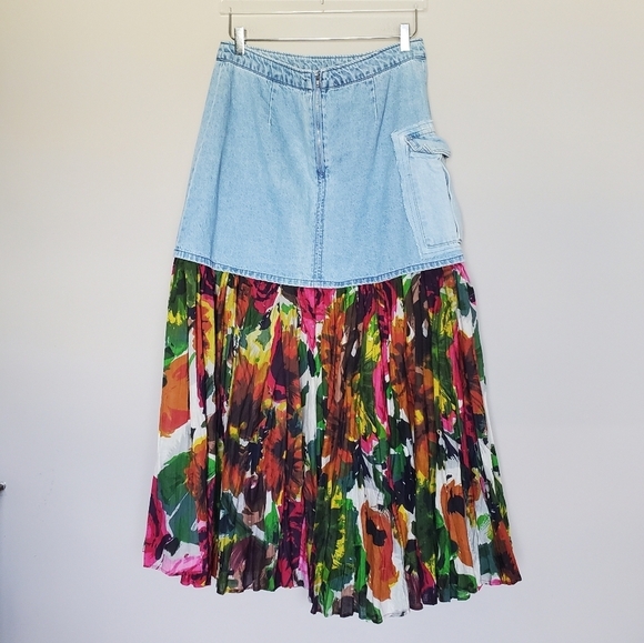 Upcycled H&M X Coachella Boho Cottagecore Embroidered Floral Denim Maxi Skirt - Picture 2 of 14